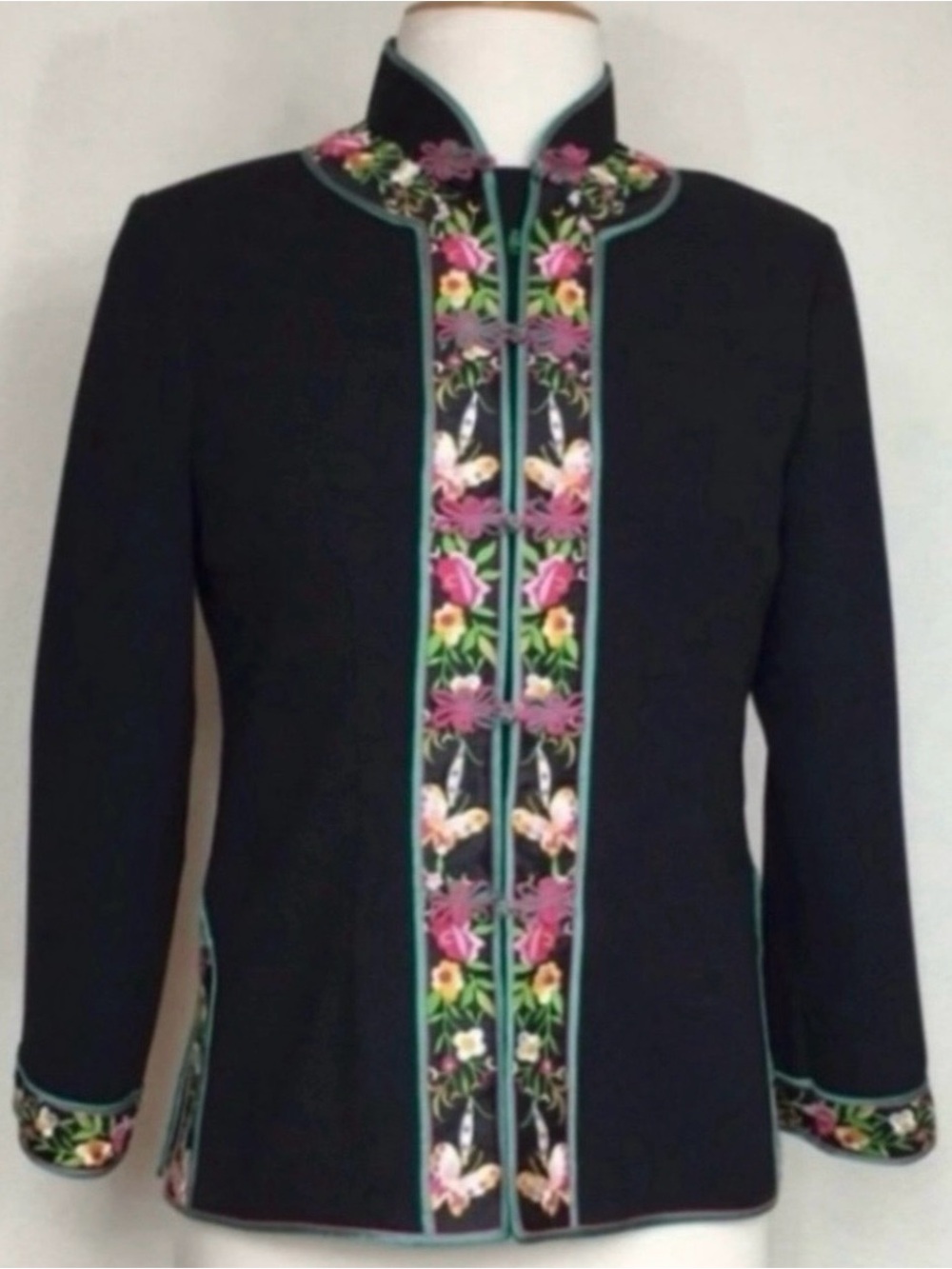 Vintage Womens Asian Black Floral Butterfly Embroidered Jacket Classic Size SP